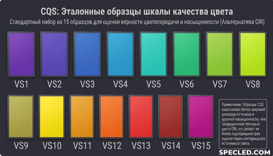 Шкала индекса цветопередачи CQS из 15 эталонных цветов
