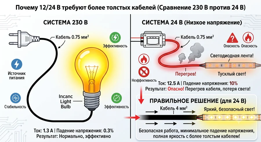 Сравнение нагрузки и сечения кабеля для 220В и 24В