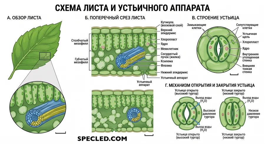Схема листа и устьичного аппарата