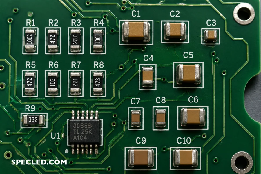 Electronic board with SMD resistors and capacitors