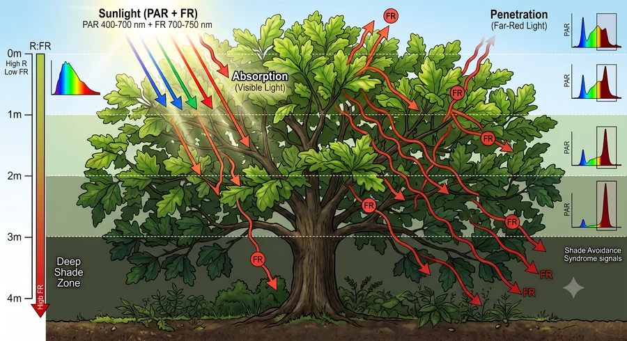 Far-red light passes through a tree canopy while red light is absorbed by the leaves