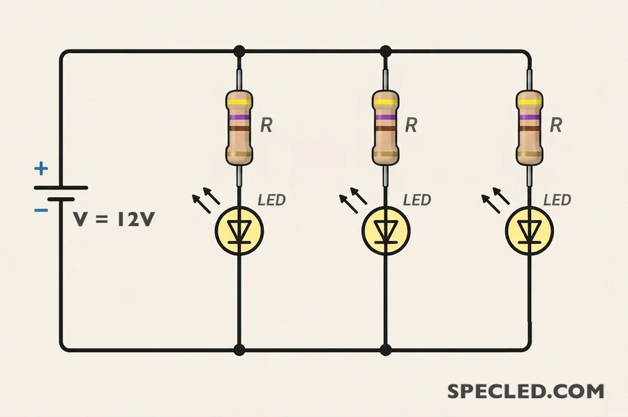 Parallel LED connection with resistors