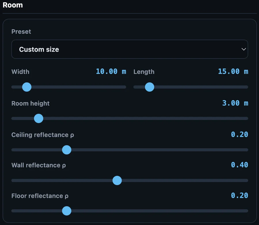 Setting up room parameters for lighting calculations
