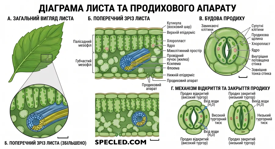 Схема листа та устьичного апарату