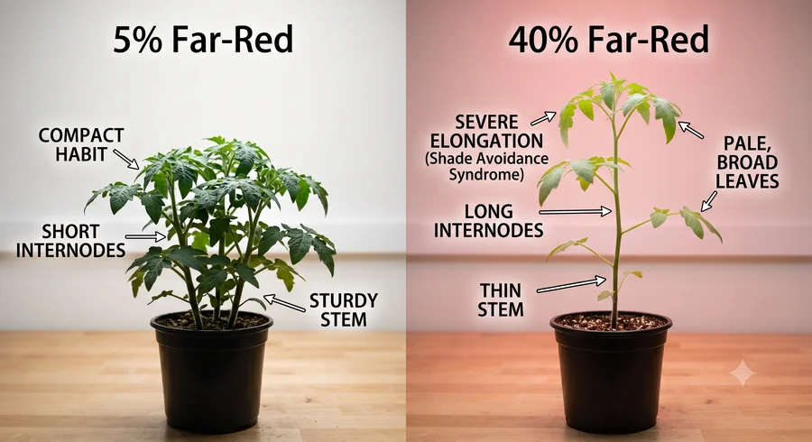 Excess far-red in a grow light spectrum causes plants to stretch