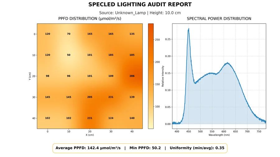 2D light map of a grow light built in the OpticalWave software