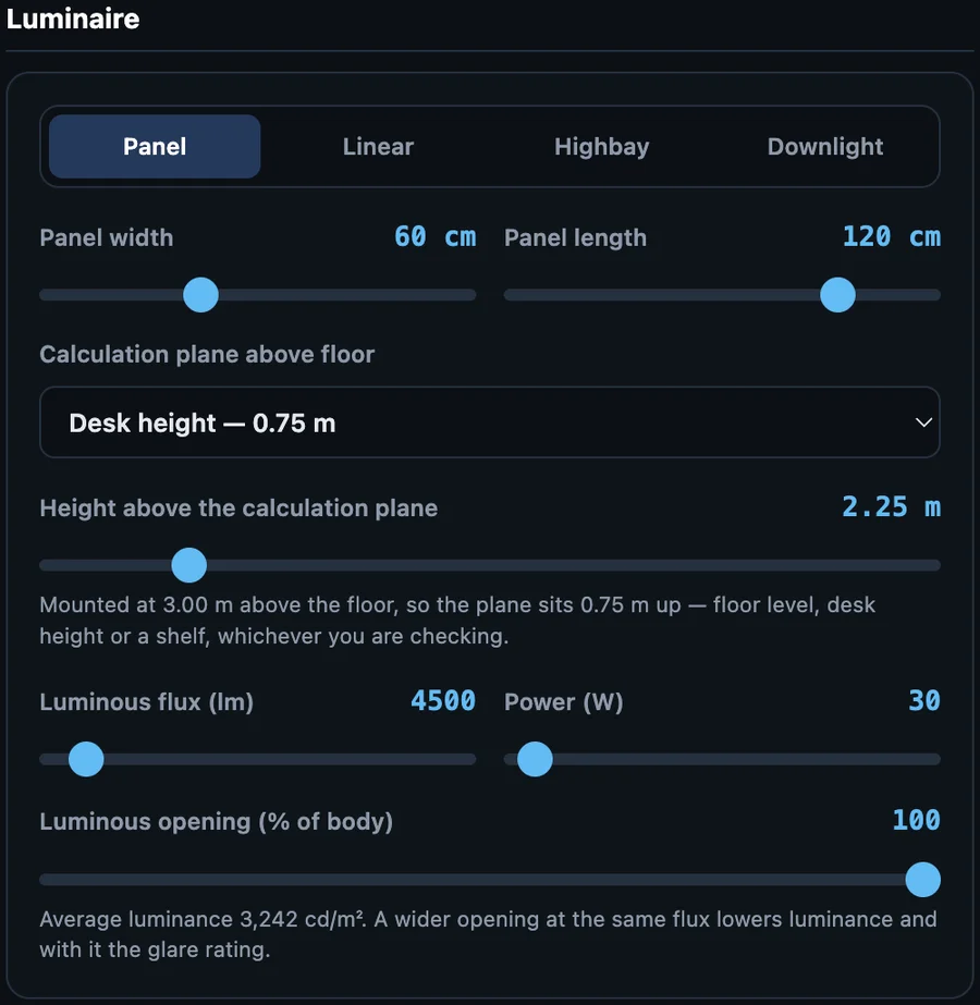 Setting up LED lamp parameters for lighting calculations
