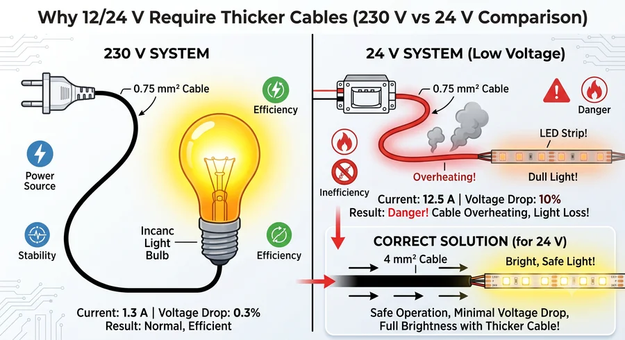 Comparison of load and cable cross-section for 220V and 24V