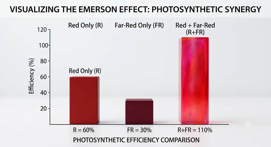 The Emerson effect: red 660 nm and far-red 730 nm acting together on the two photosystems