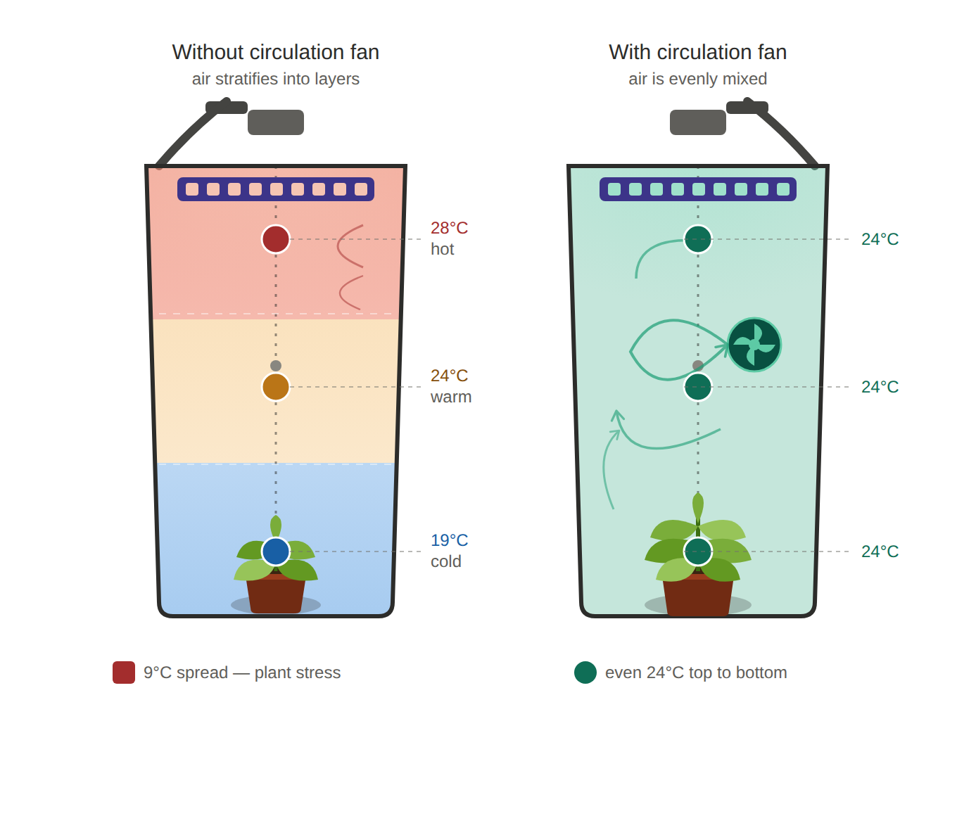 Temperature distribution in a grow tent without and with a circulation fan: on the left air stratifies into 28, 24 and 19 °C layers, on the right an even 24 °C from top to bottom