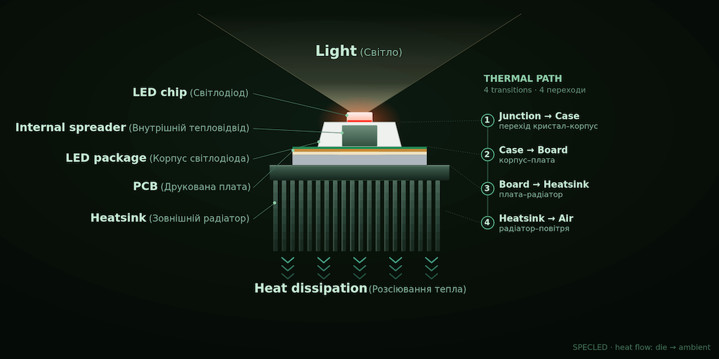 Heat path from the LED chip to dissipation in the air